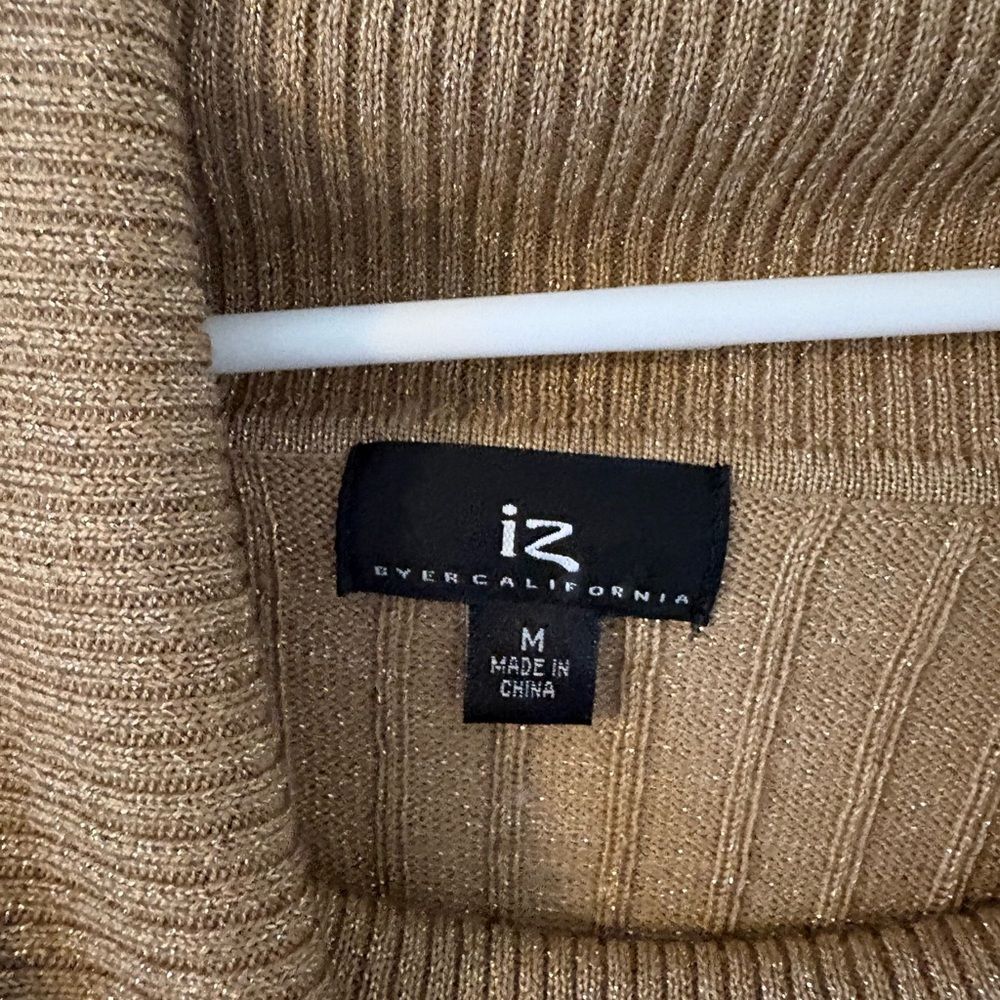 Cowl Neck Metallic Ribbed Tunic Sweater Top Camel Quiet Luxury M - Picture 5 of 7